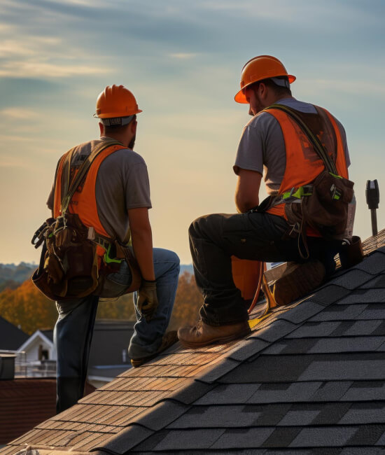 Earl's Roofing Co crew on a Memphis rooftop at sunset
